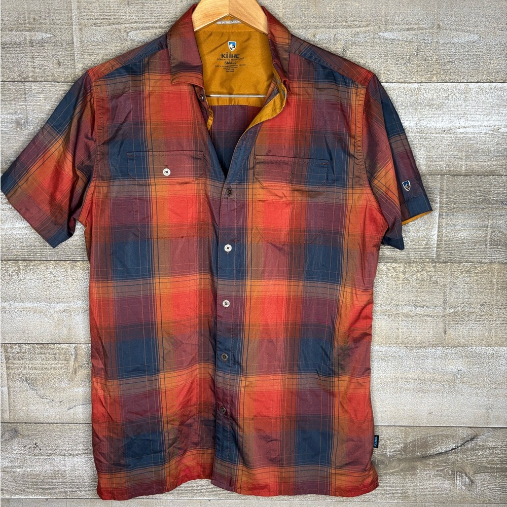 Kuhl Men's Plaid orange Short Sleeve Shirt Red and Blue athletic hiking outdoor
